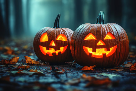 Spooky Halloween pumpkins in the forest. Scary halloween background with free space for text. Jack-o-lantern on a wooden table.の素材