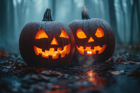 Spooky Halloween pumpkins in the forest. Scary halloween background with free space for text. Jack-o-lantern on a wooden table.の素材