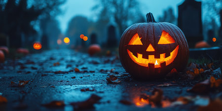 Abandoned scary house near the cemetery in the forest with pumpkins, a full moon, bats and fog. Pumpkins In Graveyard In The Spooky Night, Halloween Backdrop.の素材