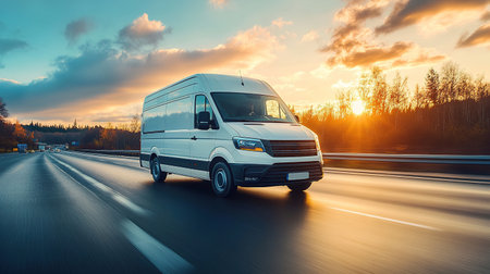 White modern delivery small shipment cargo courier van moving fast on motorway road to city urban suburb.の素材