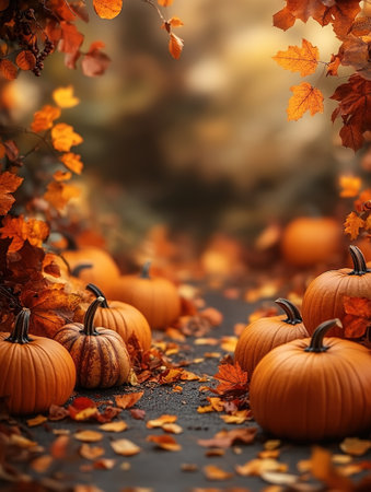 Thanksgiving or autumn scene with pumpkins, autumn leaves and berries on wooden table. Autumn background with copy space. Banner.の素材