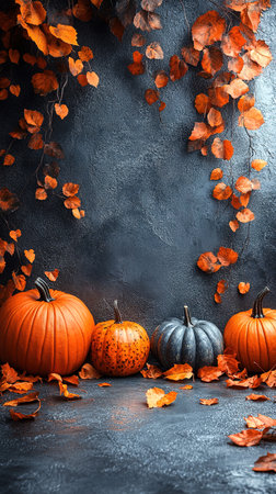 Thanksgiving or autumn scene with pumpkins, autumn leaves and berries on wooden table. Autumn background with copy space. Banner.の素材