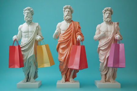 Antique statue with paper bags from the store. The concept of sales, Black Friday and shopping.の素材