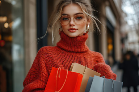 Photo of pretty millennial model lady carry many packs shopper enjoy tourism abroad sales wear fluffy jacket.の素材