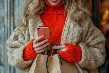 Photo of pretty millennial model lady carry many packs shopper enjoy tourism abroad sales wear fluffy jacket.の素材