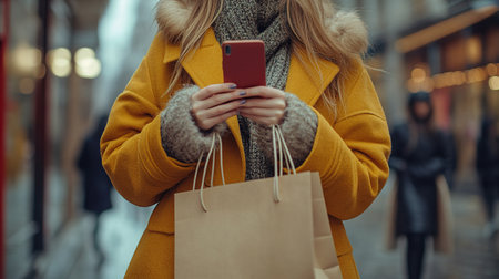Photo of pretty millennial model lady carry many packs shopper enjoy tourism abroad sales wear fluffy jacket.の素材