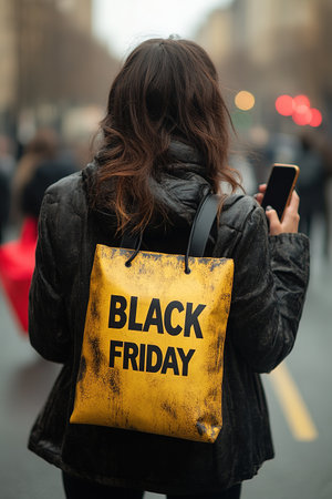 Photo of pretty millennial model lady carry many packs shopper enjoy tourism abroad sales wear fluffy jacket. A fashionable girl has bags with the inscription Black Friday or sale in her hands.の素材
