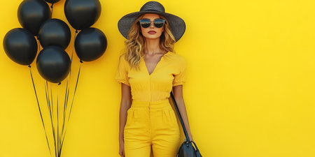 Beautiful young woman with shopping bags, black balloons and cardboard boxes on yellow background with space for text. Black Friday sale.の素材