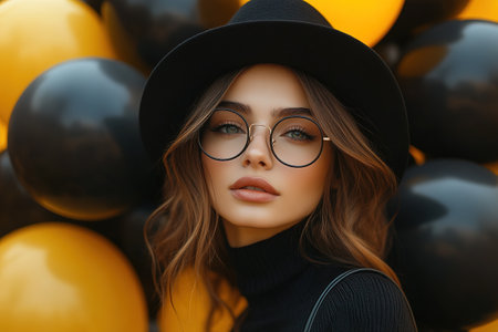 Beautiful young woman with shopping bags, black balloons and cardboard boxes on yellow background with space for text. Black Friday sale.の素材