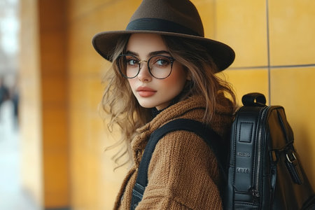 Beautiful young woman with shopping bags, black balloons and cardboard boxes on yellow background with space for text. Black Friday sale.の素材