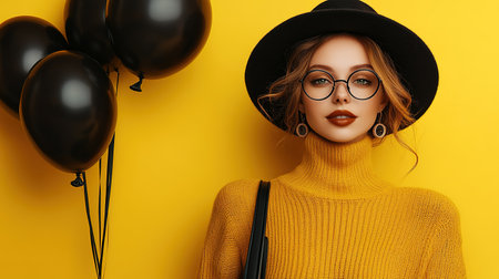 Beautiful young woman with shopping bags, black balloons and cardboard boxes on yellow background with space for text. Black Friday sale.の素材
