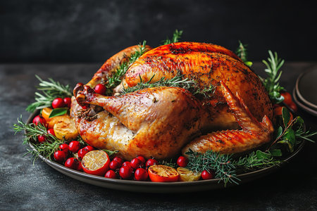 Roasted Turkey: Succulent turkey roasted to perfection with crispy skin, often served with gravy and stuffing, a holiday favorite. Top view with copy space.の素材