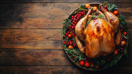 Roasted Turkey: Succulent turkey roasted to perfection with crispy skin, often served with gravy and stuffing, a holiday favorite. Top view with copy space.の素材