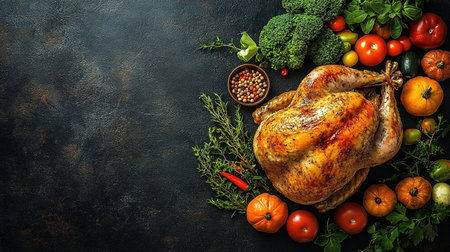 Roasted Turkey: Succulent turkey roasted to perfection with crispy skin, often served with gravy and stuffing, a holiday favorite. Top view with copy space.の素材