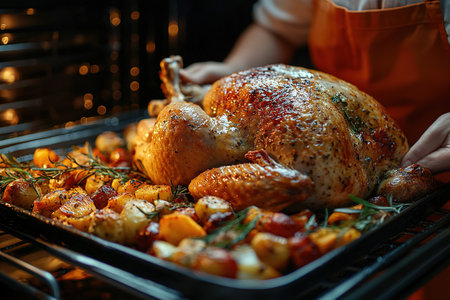 Woman turkey taking out of oven on a kitchen background. Roasted, traditional turkey cooking. Christmas turkey. A woman takes a festive chicken or turkey out of the oven on Thanksgiving day.の素材