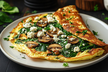 Fresh homemade omelette with mushrooms, feta cheese and herbs. A healthy protein breakfast with mushrooms and spinach.の素材