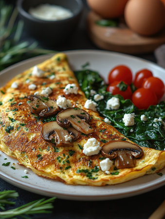 Fresh homemade omelette with mushrooms, feta cheese and herbs. A healthy protein breakfast with mushrooms and spinach.の素材