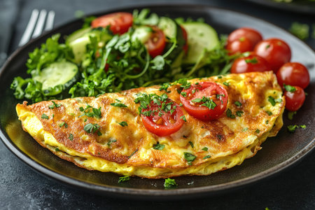 Fresh homemade omelette with mushrooms, feta cheese and herbs. A healthy protein breakfast with mushrooms and spinach.の素材
