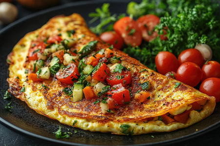 Fresh homemade omelette with mushrooms, feta cheese and herbs. A healthy protein breakfast with mushrooms and spinach.の素材