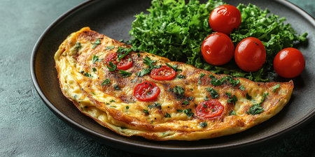 Fresh homemade omelette with mushrooms, feta cheese and herbs. A healthy protein breakfast with mushrooms and spinach.の素材
