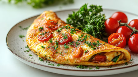 Fresh homemade omelette with mushrooms, feta cheese and herbs. A healthy protein breakfast with mushrooms and spinach.の素材