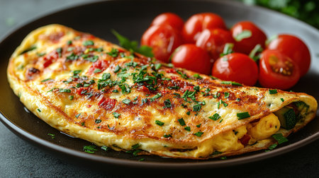 Fresh homemade omelette with mushrooms, feta cheese and herbs. A healthy protein breakfast with mushrooms and spinach.の素材