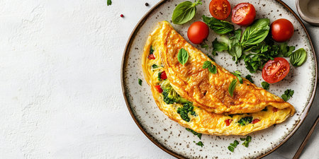 Fresh homemade omelette with mushrooms, feta cheese and herbs. A healthy protein breakfast with mushrooms and spinach.の素材