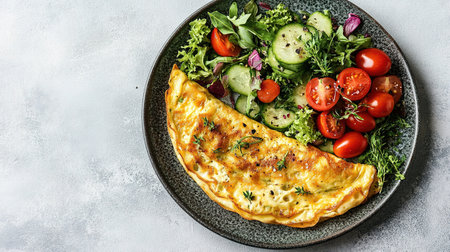 Fresh homemade omelette with mushrooms, feta cheese and herbs. A healthy protein breakfast with mushrooms and spinach.の素材