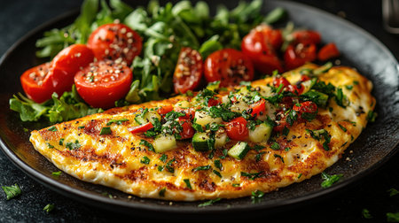 Fresh homemade omelette with mushrooms, feta cheese and herbs. A healthy protein breakfast with mushrooms and spinach.の素材