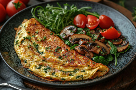Fresh homemade omelette with mushrooms, feta cheese and herbs. A healthy protein breakfast with mushrooms and spinach.の素材