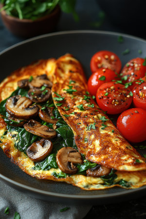 Fresh homemade omelette with mushrooms, feta cheese and herbs. A healthy protein breakfast with mushrooms and spinach.の素材