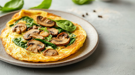 Fresh homemade omelette with mushrooms, feta cheese and herbs. A healthy protein breakfast with mushrooms and spinach.の素材