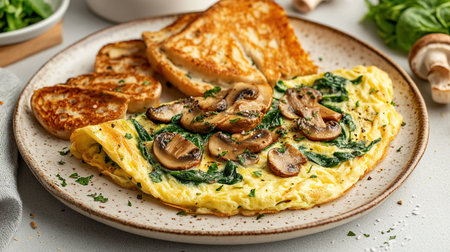 Fresh homemade omelette with mushrooms, feta cheese and herbs. A healthy protein breakfast with mushrooms and spinach.の素材