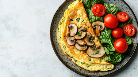 Fresh homemade omelette with mushrooms, feta cheese and herbs. A healthy protein breakfast with mushrooms and spinach.の素材
