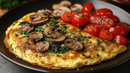 Fresh homemade omelette with mushrooms, feta cheese and herbs. A healthy protein breakfast with mushrooms and spinach.の素材