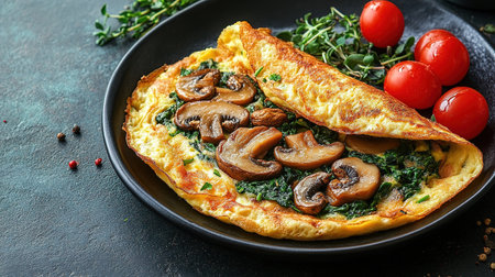 Fresh homemade omelette with mushrooms, feta cheese and herbs. A healthy protein breakfast with mushrooms and spinach.の素材