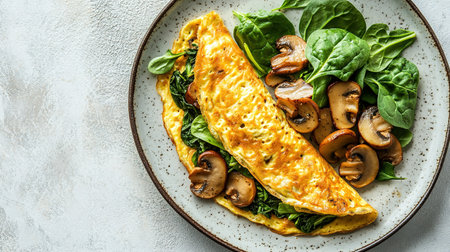 Fresh homemade omelette with mushrooms, feta cheese and herbs. A healthy protein breakfast with mushrooms and spinach.の素材