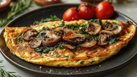 Fresh homemade omelette with mushrooms, feta cheese and herbs. A healthy protein breakfast with mushrooms and spinach.の素材