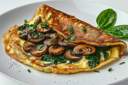 Fresh homemade omelette with mushrooms, feta cheese and herbs. A healthy protein breakfast with mushrooms and spinach.の素材