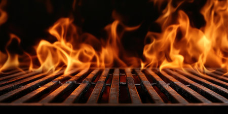 Hot empty portable barbecue BBQ grill with flaming fire and ember charcoal on black background. Waiting for the placement of your food. Close upの素材