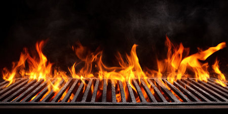 Hot empty portable barbecue BBQ grill with flaming fire and ember charcoal on black background. Waiting for the placement of your food. Close upの素材