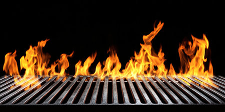 Hot empty portable barbecue BBQ grill with flaming fire and ember charcoal on black background. Waiting for the placement of your food. Close upの素材