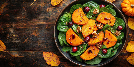 Roasted pumpkin salad with spinach and walnut on a black plate on a old wooden background. Top view.の素材