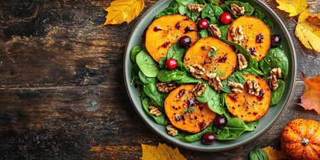 Roasted pumpkin salad with spinach and walnut on a black plate on a old wooden background. Top view.の素材