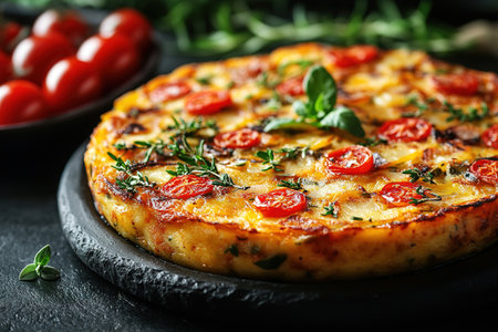 An overhead photo of a Spanish tortilla in a traditional tortilla, with parsley, on dark rustic textures with ingredients.の素材