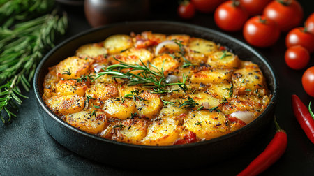 An overhead photo of a Spanish tortilla in a traditional tortilla, with parsley, on dark rustic textures with ingredients.の素材