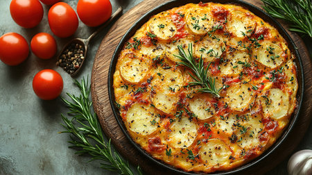 An overhead photo of a Spanish tortilla in a traditional tortilla, with parsley, on dark rustic textures with ingredients.の素材