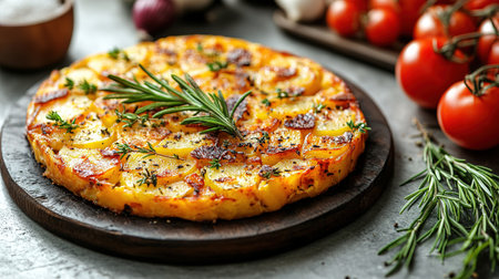 An overhead photo of a Spanish tortilla in a traditional tortilla, with parsley, on dark rustic textures with ingredients.の素材