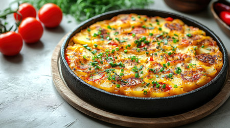 An overhead photo of a Spanish tortilla in a traditional tortilla, with parsley, on dark rustic textures with ingredients.の素材