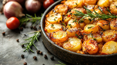 An overhead photo of a Spanish tortilla in a traditional tortilla, with parsley, on dark rustic textures with ingredients.の素材